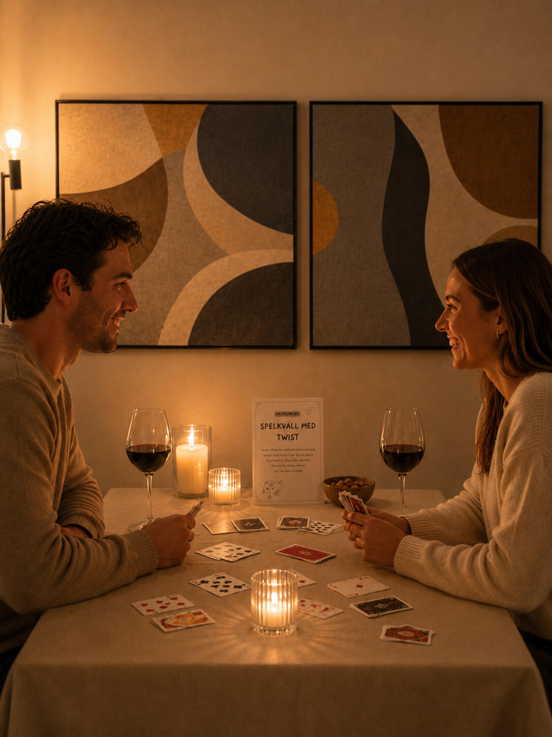 Spelkväll med twist - Dejtkortet Ett par som avnjuter en rolig spelkväll hemma.