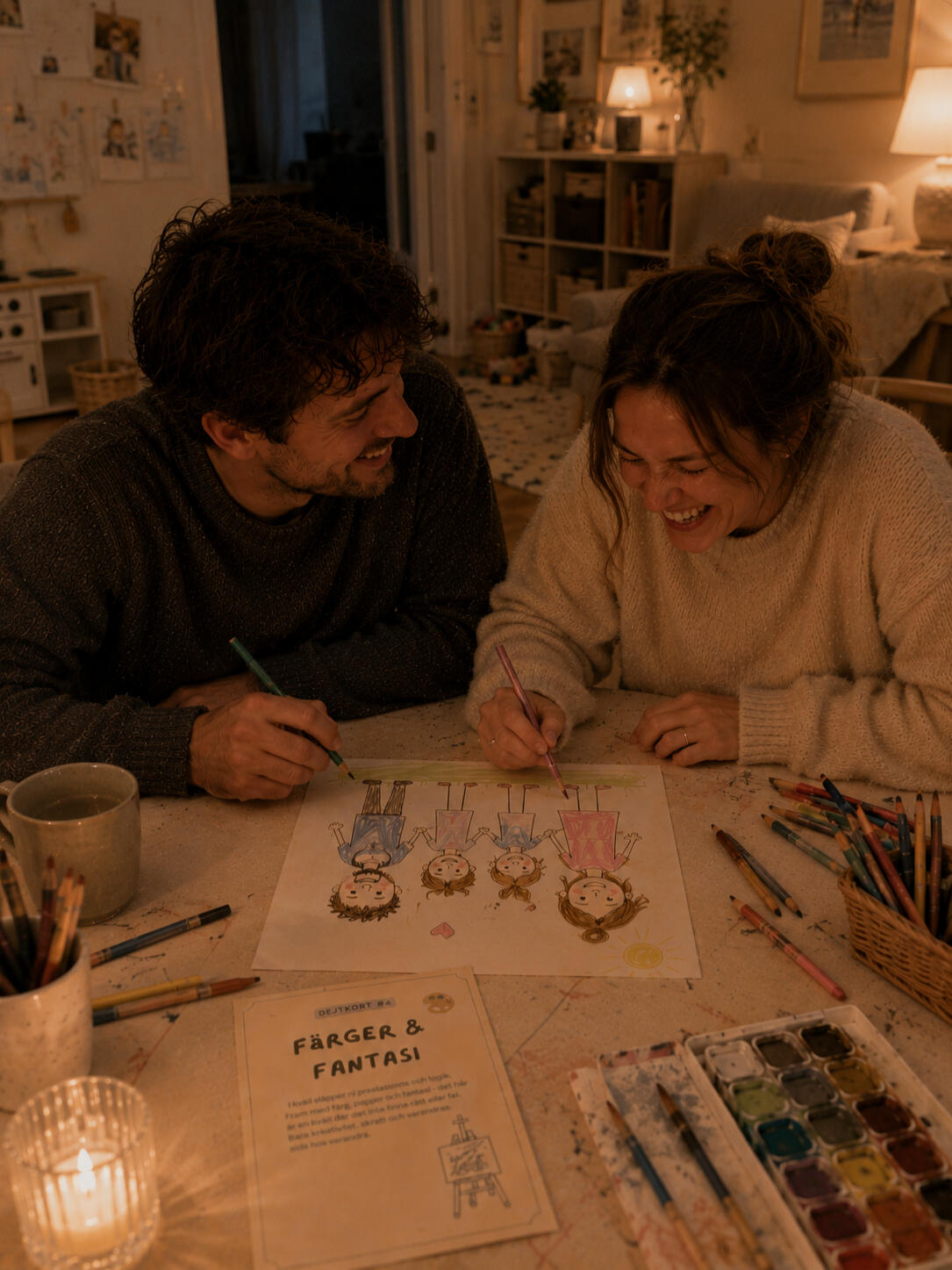 Lekfull dejt hemma – Dejtkortet Ett par i hemmiljö som sitter och målar tillsammans, med lekfull dejtinspiration från Dejtkortet.